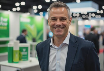 Obraz premium Smiling businessman at a trade show, representing professionalism and engagement