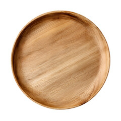 Isolated rustic wooden plate serving tray for food presentation and decor on transparent background