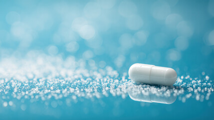 Sleek white capsule on minimalist blue background symbolizing pharmaceutical innovation for weight management, modern healthcare and medical treatment concept.
