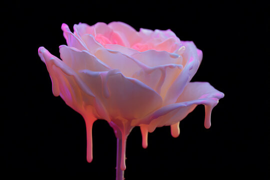 a pink rose with a dripping stem on a black background