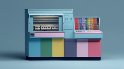 A vibrant retro-style vending machine filled with colorful snacks and drinks.