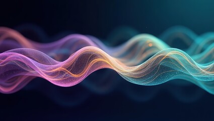 Intricate, overlapping quantum waves in purple, green, and gold, illustrating quantum interference with a mesmerizing effect, set against a gradient blue backdrop.

