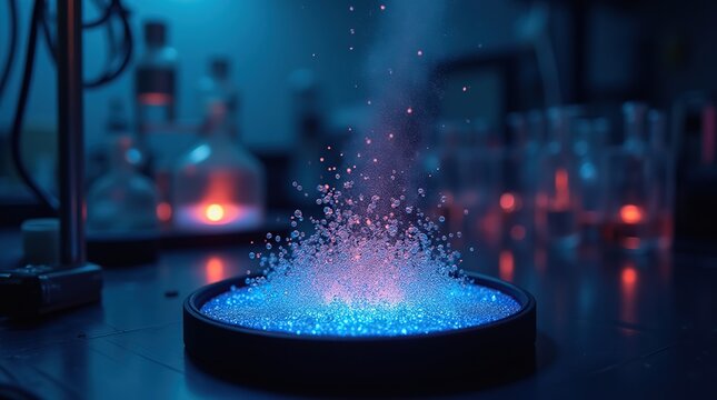 A high-tech lab where quantum dots are synthesized, with glowing particles demonstrating the precision and innovation in nanotechnology.