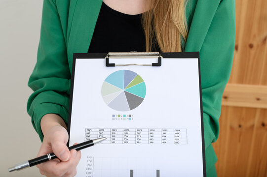 Studentka ekonomii analizuje dane finansowe, objaśnia wykresy i tabelki