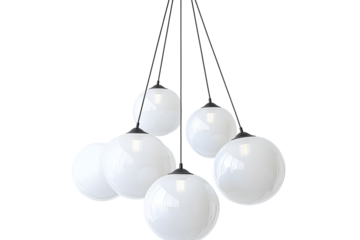 Modern chandelier with a cluster of hanging white glass orbs isolated on white background