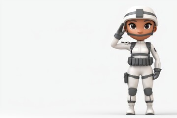 Cartoon soldier saluting, wearing a white uniform and helmet, standing against a plain background.