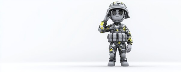 A cartoon soldier in camouflage uniform and helmet salutes, standing confidently on a plain white background.