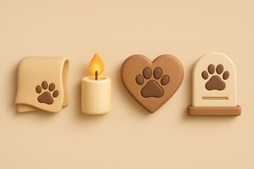 Pet memorial symbols: paw towel, candle, heart, tombstone on beige background