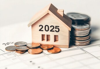 Wooden house model with and coins on calendar