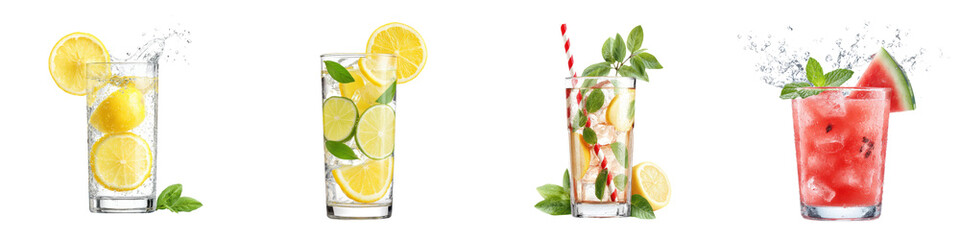 Refreshing citrus drinks in glasses with lemon and lime slices