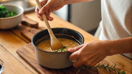 A person stirring ingredients in a pot with herbs on a wooden surface.