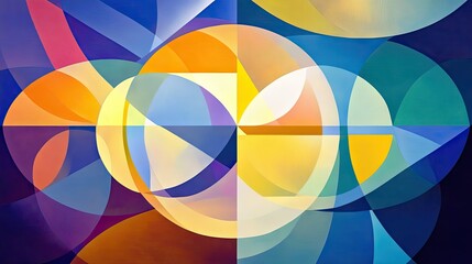 Obraz premium Abstract geometric art featuring overlapping circles and segments in warm and cool tones, creating a visually dynamic composition