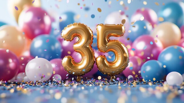 Golden Number 35 Balloons With Festive Colorful Balloons And Confetti For 35th Birthday Celebration