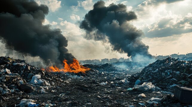 Garbage pile burning in an open area releasing thick black smoke into the sky
