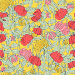 Seamless pattern with hand drawn meadow bold flowers. Colorful illustrations on blue background for surface design and other design projects