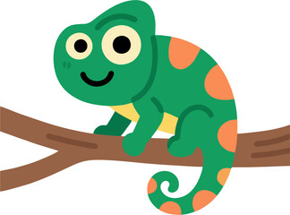 Cute Vector Cartoon Chameleon with Orange Spots Sitting on Tree Branch – Flat Jungle Reptile Illustration for Kids