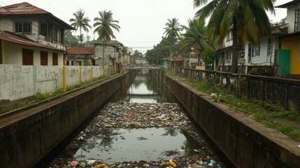 Fototapeta premium Open stormwater canal filled with garbage and dark stagnant water