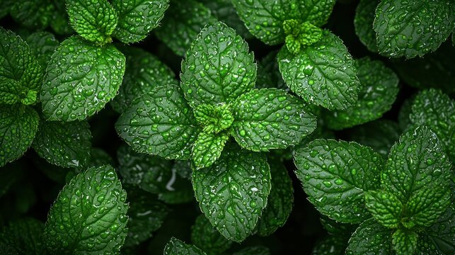 Close-up of fresh mint leaves covered in water droplets