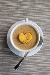 moshroom soup in a white bowl 