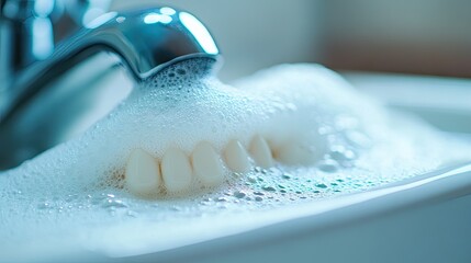 Retainer sitting in a sink with soft foam from mild cleaning detergent