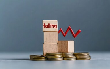 Wooden Blocks Showing a Falling Trend with Coins