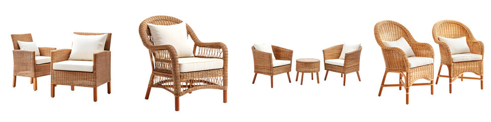 Fototapeta premium A collection of stylish and comfortable wicker chairs and armchairs perfect for creating a relaxing outdoor living space on a patio deck or porch