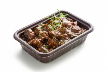 Delicious Beef Stew in Brown Tray with Garnish on White Background