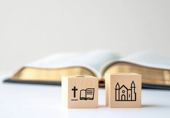 Wooden Blocks with Religious Symbols and Open Book