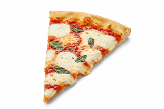 Appetizing slice of pizza on isolated background.