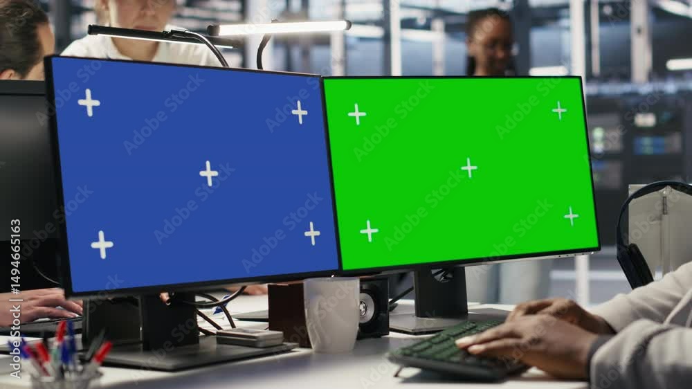 Poster data center engineer using green screen pc to monitor neural network ai. server room employee using 