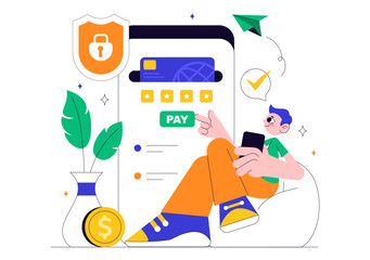 Fototapeta premium Mobile Banking Vector Illustration featuring a Wallet App for Payment via Phone and Wireless Cash Transactions using Credit and Debit Cards Background