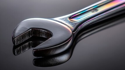 Close-up view of a shiny wrench reflecting light, showcasing craftsmanship and precision.