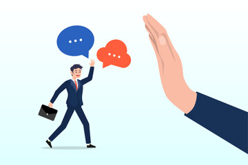 Businessman hand reject or deny employee request, rejection, decline or refuse in conversation, say no or disapprove, disagreement, deny request or manager decision authority, work conflict concept