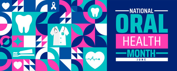 National Oral Health Month Geometric shape pattern background banner or poster design template. observed every year in June. Holiday concept. Use to any Template, card, poster, placard, template.