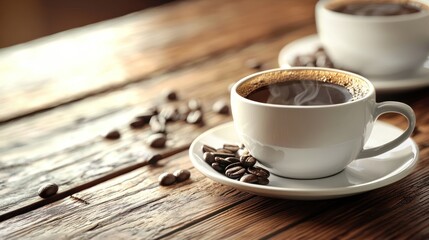 Two coffee cups filled with black coffee, placed on a wooden table with scattered coffee beans.