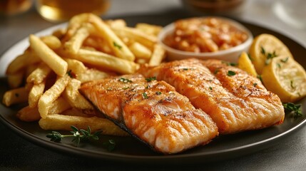 Delicious salmon with fries and sauce on a plate, with drinks and lemon in the background