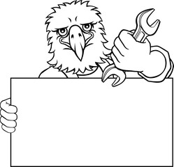 An eagle handyman, mechanic, plumber or other construction cartoon mascot man holding a wrench or spanner tool.