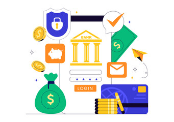 Mobile Banking Vector Illustration featuring a Wallet App for Payment via Phone and Wireless Cash Transactions using Credit and Debit Cards Background
