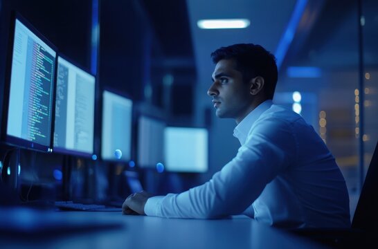 Indian software engineer sitting at a desk in a modern tech office, focused on code on dual monitors - Powered by Adobe