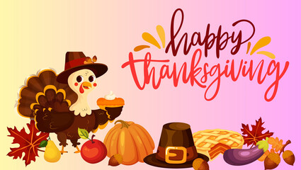 Happy thanksgiving banner design. Thanksgiving teks lettering. Thanksgiving with colorful autumn leaves and pumpkin
