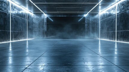 A dark, empty room with blue and white neon lights, creating a futuristic and industrial atmosphere.
