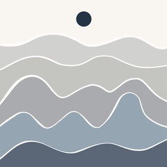 Abstract lanscape panorama posters. Organic shapes matisse style, naive art, contemporary backgrounds. sun and mountains vector illustration