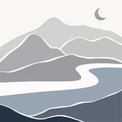 River and mountains panorama posters illustration of a abstract. Organic doodle shapes matisse style, naive art, contemporary backgrounds. River and mountains vector illustration
