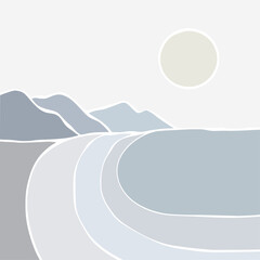 Hand draw sunset on sea lanscape panorama. Organic shapes matisse style, naive art, contemporary backgrounds. Beach and mountains vector illustration	