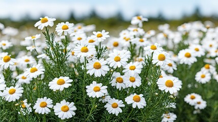 Fototapeta premium A field of white daisies with bright yellow centers.
