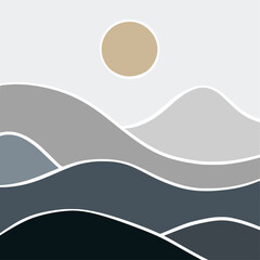 Abstract lanscape panorama posters. Organic shapes matisse style, naive art, contemporary backgrounds. sun and mountains vector illustration