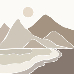 Hand draw sunset on sea lanscape panorama. Organic shapes matisse style, naive art, contemporary backgrounds. Beach and mountains vector illustration	