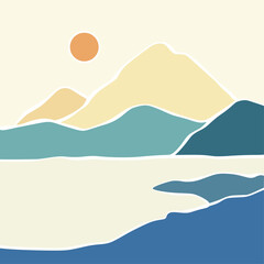 Abstract landscape ocean and mountains panoramic poster. Matisse style organic shapes, naive art, contemporary background. Beach and mountains vector illustration