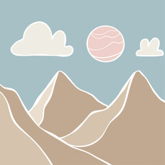 Abstract lanscape panorama posters. Organic shapes matisse style, naive art, contemporary backgrounds. sun and mountains vector illustration	