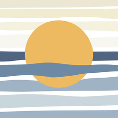 Hand draw sunset on sea lanscape panorama. Organic doodle shapes matisse style, naive art, contemporary backgrounds. beach and mountains vector illustration	